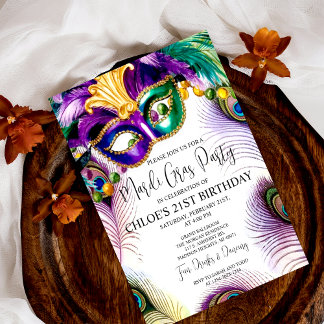 Peacock Feathers Mask Mardi Gras Masquerade Party Einladung