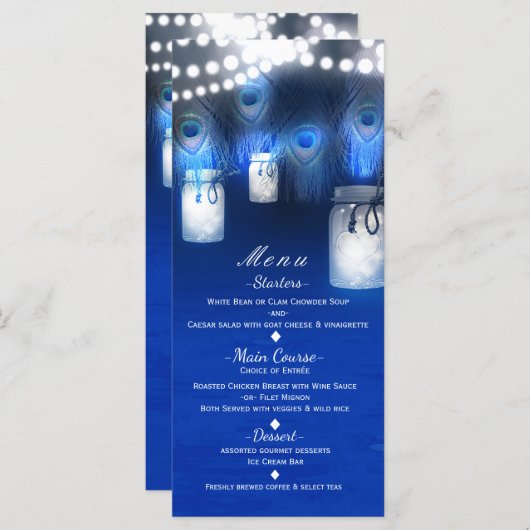 Peacock Feathers, Mason Jar & String Lights Menü Menükarte (Vorne/Hinten)