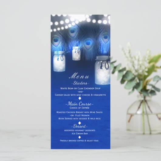 Peacock Feathers, Mason Jar & String Lights Menü Menükarte (Stehend Vorderseite)