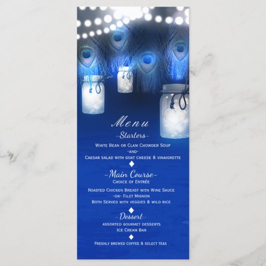 Peacock Feathers, Mason Jar & String Lights Menü Menükarte (Vorderseite)