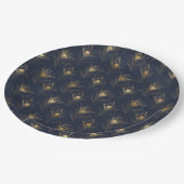 Peacock Feathers Navy Blue Gold Print Stilvoll Pappteller (Schrägansicht)