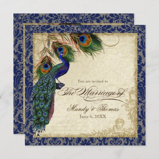 Peacock & Feathers Navy Blue Lace Wedding Square Einladung (Vorne/Hinten)