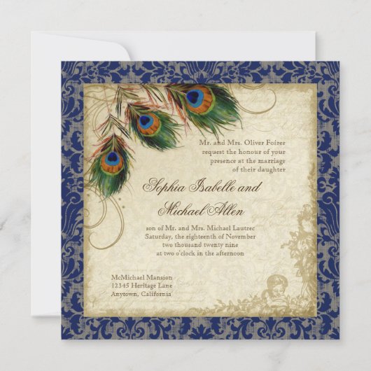 Peacock & Feathers Navy Blue Lace Wedding Square Einladung (Rückseite)