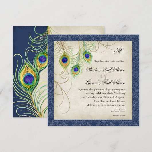Peacock Feathers Navy Blue Wedding Einladung (Vorne/Hinten)