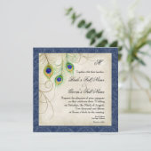 Peacock Feathers Navy Blue Wedding Einladung (Stehend Vorderseite)