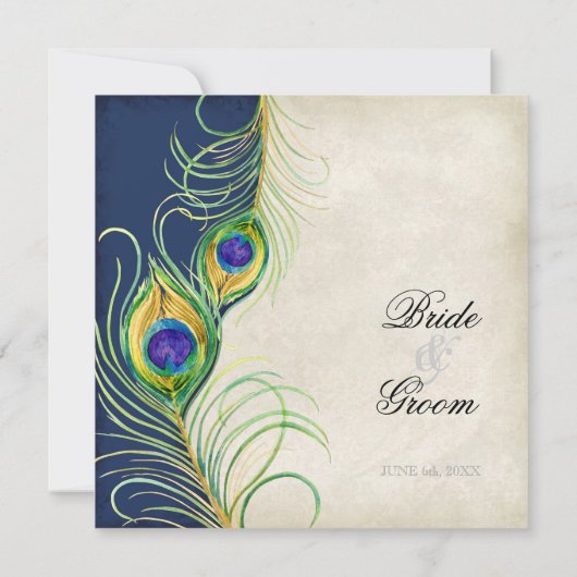Peacock Feathers Navy Blue Wedding Einladung (Rückseite)