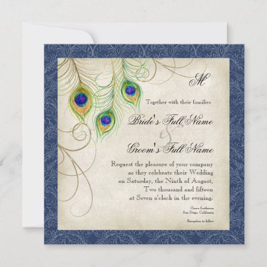 Peacock Feathers Navy Blue Wedding Einladung (Vorderseite)