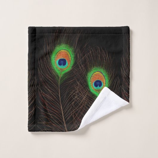 Peacock Feathers on Black Badhandtuch Set (Waschlappen)