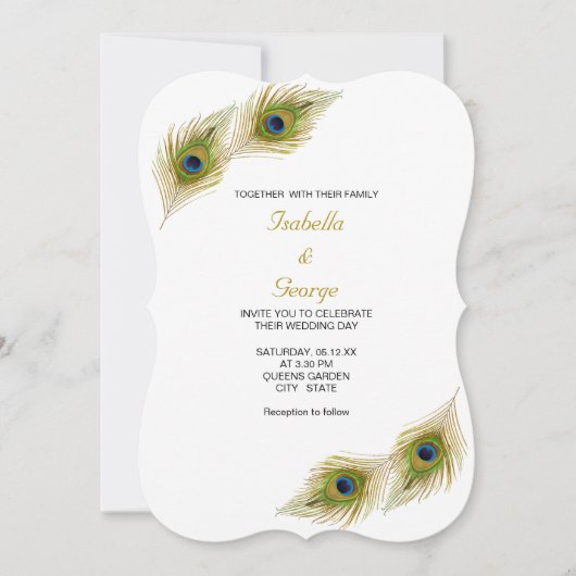 Peacock Feathers on Light Blue & White Wedding Einladung (Vorderseite)