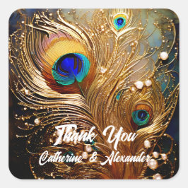 Peacock Feathers Perlen Luxus elegante Trachten Quadratischer Aufkleber