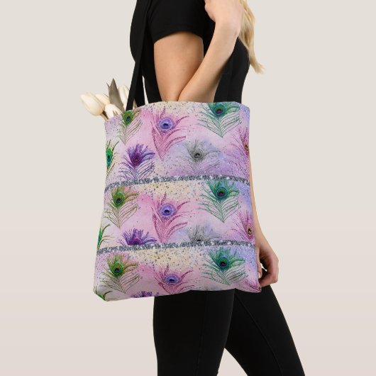 Peacock Feathers Pink Silver Geschenk für sie Tasche (Von Nahem)
