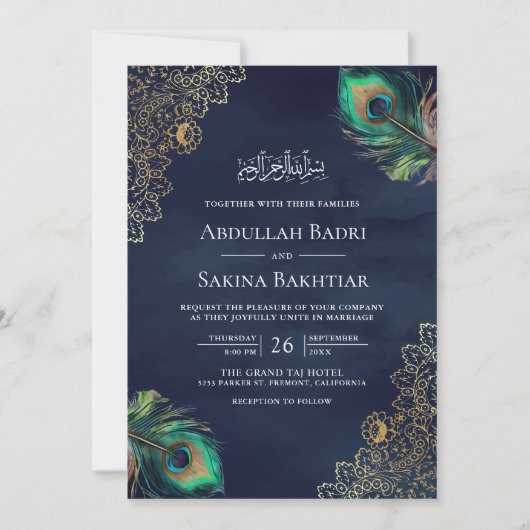 Peacock Feathers QR Code Navy Blue Muslim Hochzeit Einladung (Vorderseite)