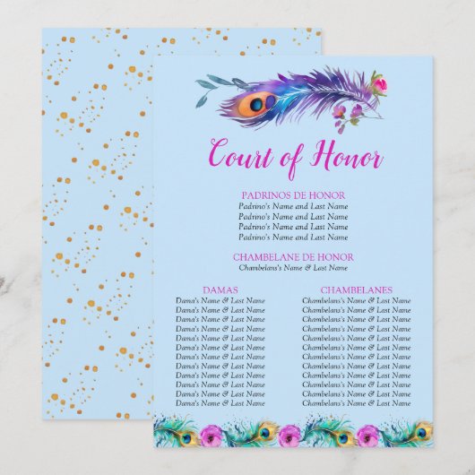 Peacock Feathers Quinceañera Court of Honor Blue Programm (Vorne/Hinten)