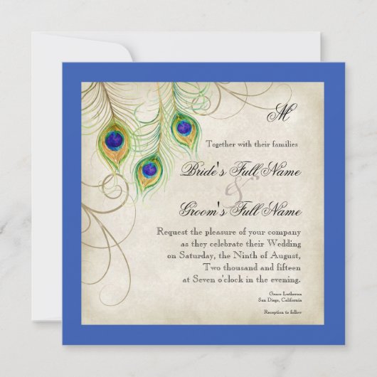 Peacock Feathers Royal Blue Wedding Einladung (Vorderseite)