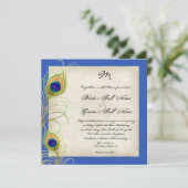 Peacock Feathers Royal Blue Wedding Einladung (Stehend Vorderseite)