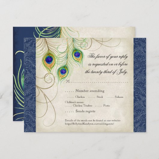 Peacock Feathers Royal Blue Wedding Einladung (Vorne/Hinten)
