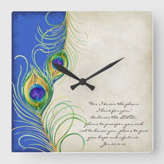Peacock Feathers Royal Damask Christliche Schrift Quadratische Wanduhr (Vorderseite)