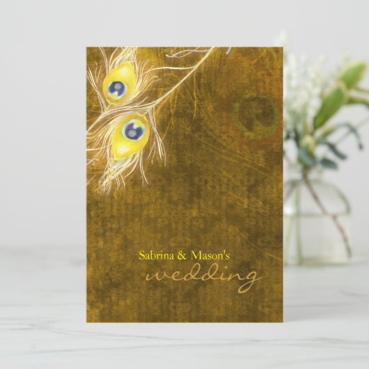Peacock Feathers Rustic Fall Brown Wedding Einladung (Stehend Vorderseite)