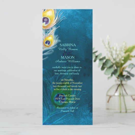 Peacock Feathers Rustic Peacock Blue Wedding Einladung (Stehend Vorderseite)