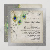 Peacock Feathers Silver Damask Wedding Stationery Einladung (Vorne/Hinten)