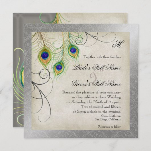 Peacock Feathers Silver Damask Wedding Stationery Einladung (Vorne/Hinten)
