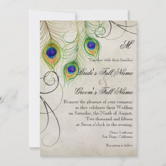 Peacock Feathers Silver Damask Wedding Stationery Einladung (Vorderseite)