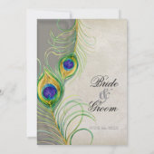 Peacock Feathers Silver Damask Wedding Stationery Einladung (Rückseite)