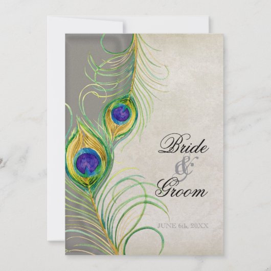 Peacock Feathers Silver Damask Wedding Stationery Einladung (Rückseite)