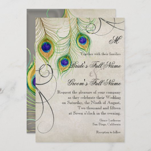 Peacock Feathers Silver Damask Wedding Stationery Einladung (Vorne/Hinten)