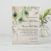 Peacock Feathers Silver Damask Wedding Stationery Einladung (Stehend Vorderseite)