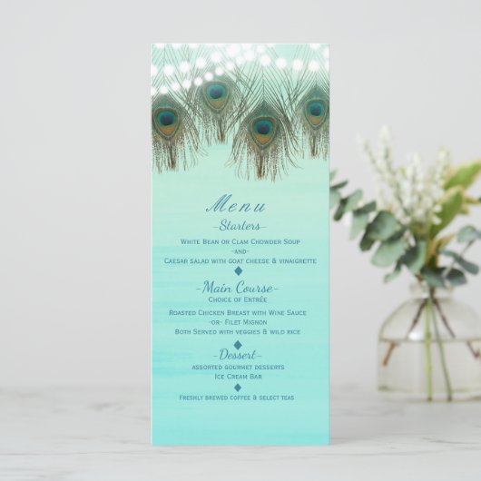 Peacock Feathers & String Lights Rustikales Party  Menükarte (Stehend Vorderseite)