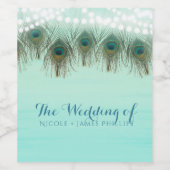 Peacock Feathers & String Lights Rustikales Party Weinetikett (Einzelnes Label)