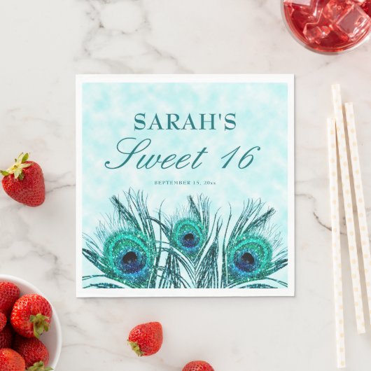 Peacock Feathers Sweet 16 Glittery Feathers Serviette (Beispiel)