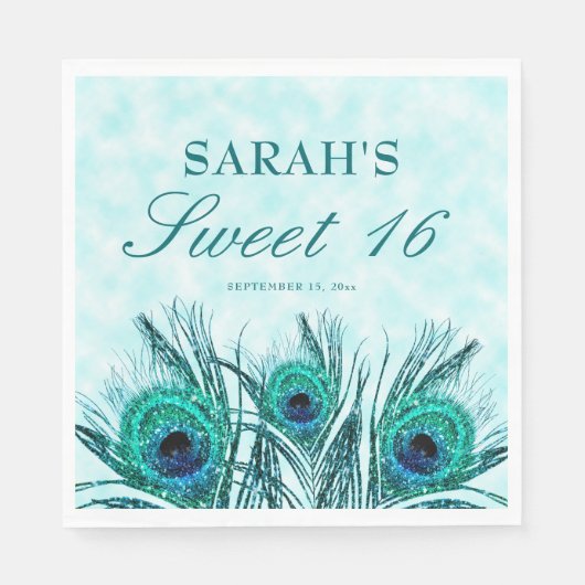 Peacock Feathers Sweet 16 Glittery Feathers Serviette (Vorderseite)