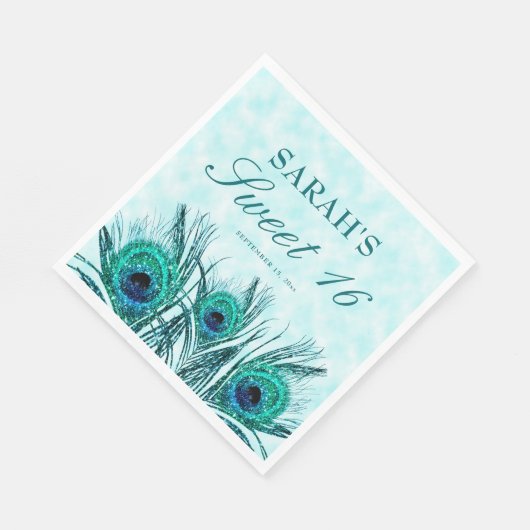 Peacock Feathers Sweet 16 Glittery Feathers Serviette (Ecke)