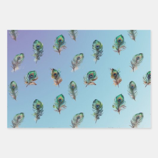 Peacock Feathers Turquoise Blue Glitzer Geschenkpapier Set (Vorderseite 3)
