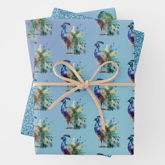 Peacock Feathers Turquoise Blue Glitzer Geschenkpapier Set (Beispiel)