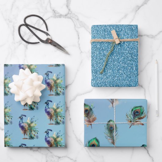 Peacock Feathers Turquoise Blue Glitzer Geschenkpapier Set (Vorderseite)