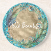 Peacock Feathers Turquoise Blue Glitzer Getränkeuntersetzer (Vorne)