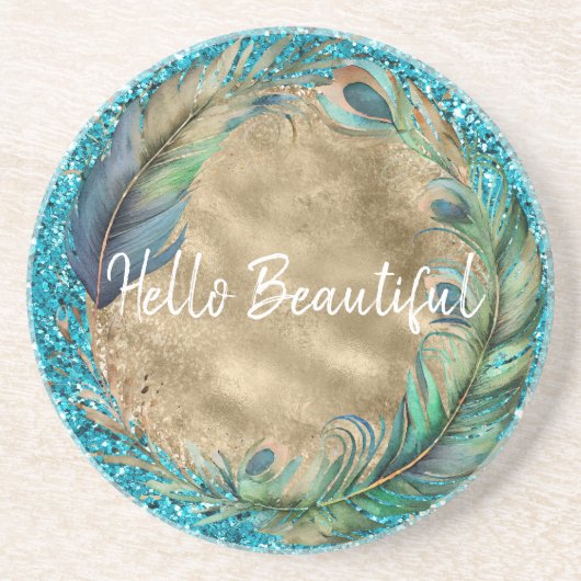 Peacock Feathers Turquoise Blue Glitzer Getränkeuntersetzer (Vorne)