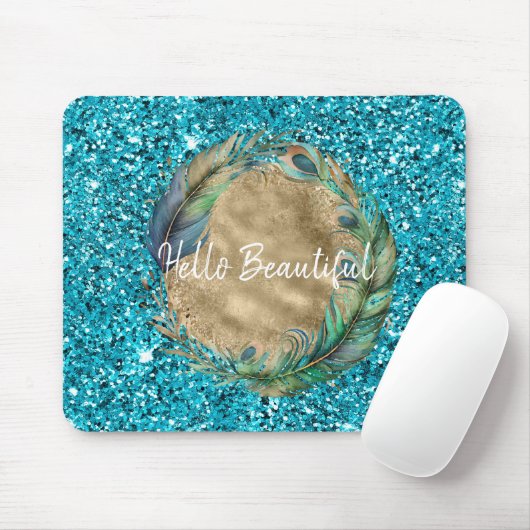 Peacock Feathers Turquoise Blue Glitzer Mousepad (Mit Mouse)