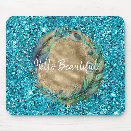 Peacock Feathers Turquoise Blue Glitzer Mousepad (Vorne)