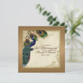 Peacock & Feathers Vintages Gold Look Damask Swirl Einladung (Stehend Vorderseite)