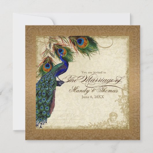 Peacock & Feathers Vintages Gold Look Damask Swirl Einladung (Vorderseite)