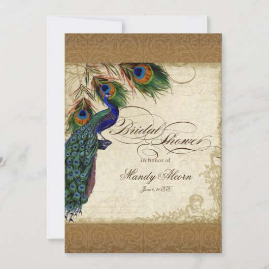Peacock & Feathers Vintages Gold Look Damask Swirl Einladung (Vorderseite)