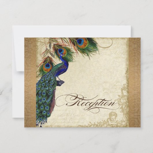 Peacock & Feathers Vintages Gold Look Damask Swirl Einladung (Vorderseite)