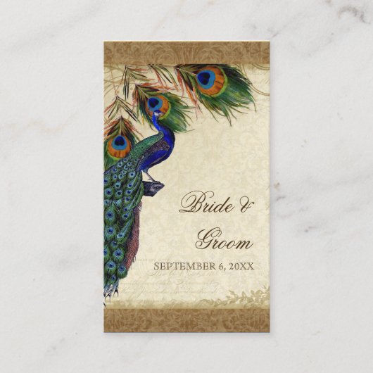 Peacock & Feathers Vintages Gold Look Damask Swirl Platzkarte (Vorderseite)