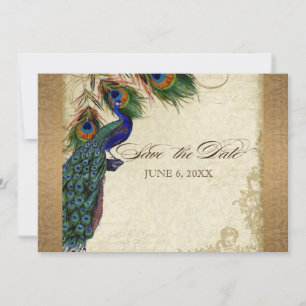 Peacock & Feathers Vintages Gold Look Damask Swirl Save The Date