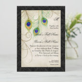 Peacock Feathers Watercolor Black Damask Wedding Einladung (Stehend Vorderseite)