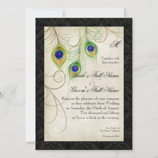 Peacock Feathers Watercolor Black Damask Wedding Einladung (Vorderseite)